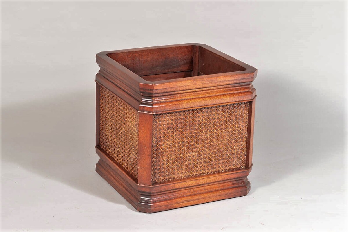 Mid Century Mahogany and Rattan Square Cube indoor planter jardinière stand - Image 10