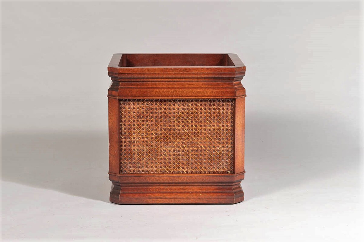 Mid Century Mahogany and Rattan Square Cube indoor planter jardinière stand - Image 9