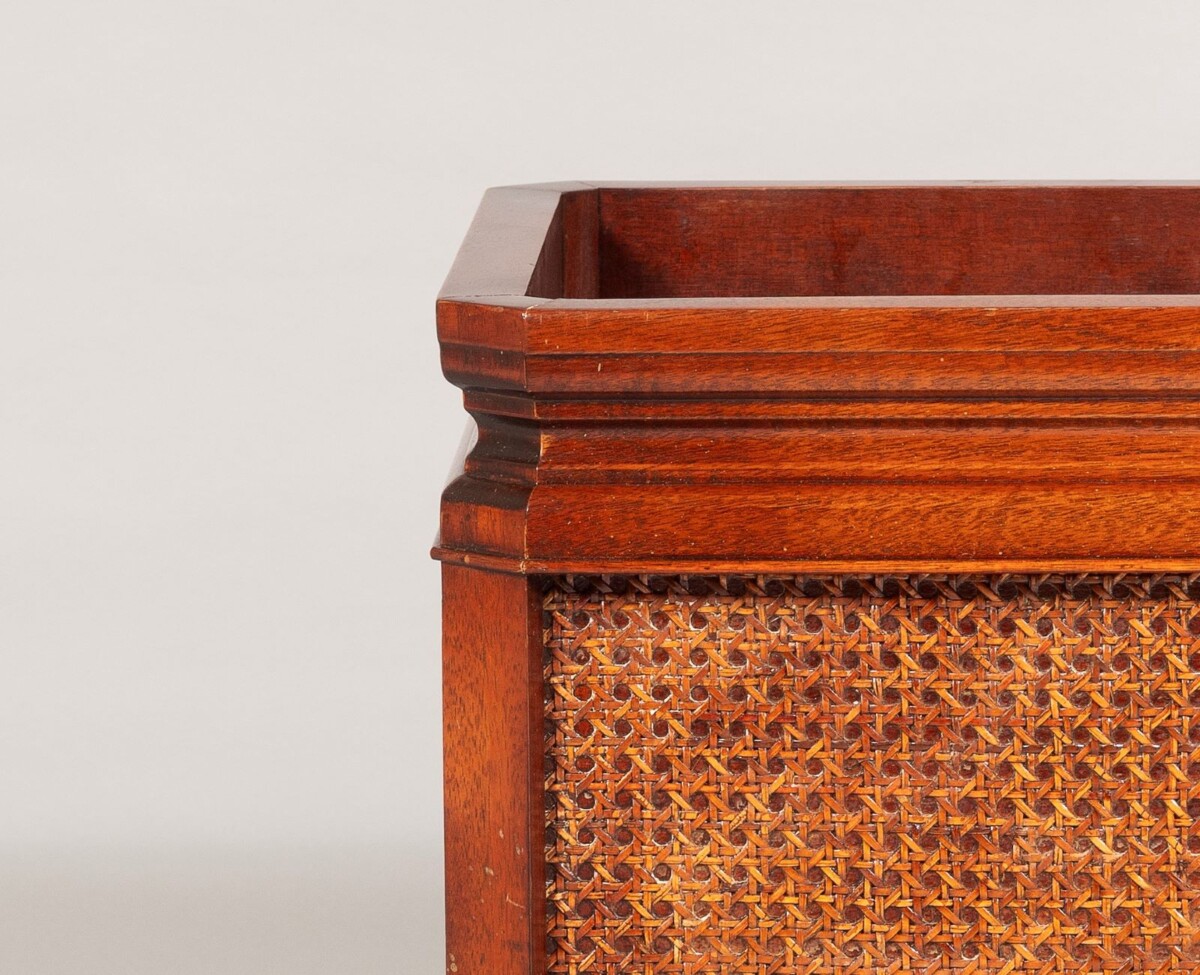 Mid Century Mahogany and Rattan Square Cube indoor planter jardinière stand - Image 6
