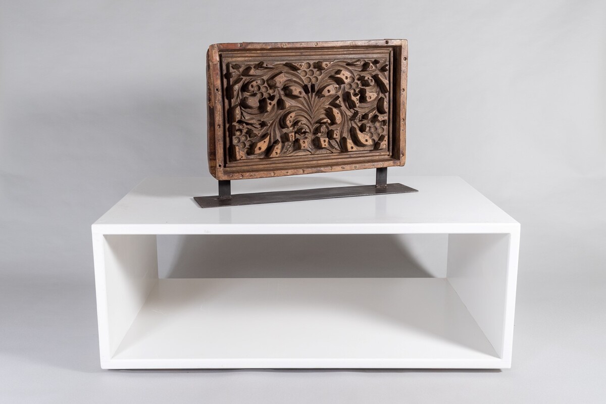 Mid Century Large Scale Carved Sculptural Wooden Shelf Art on Steel Base - Image 2