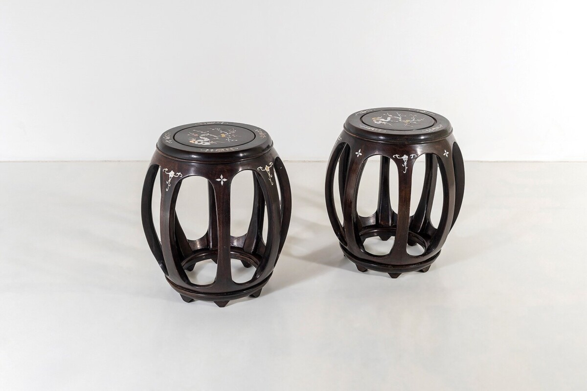 A Pair of Chinese Rosewood Circular Drum Side Tables with Mother of Pearl Inlay