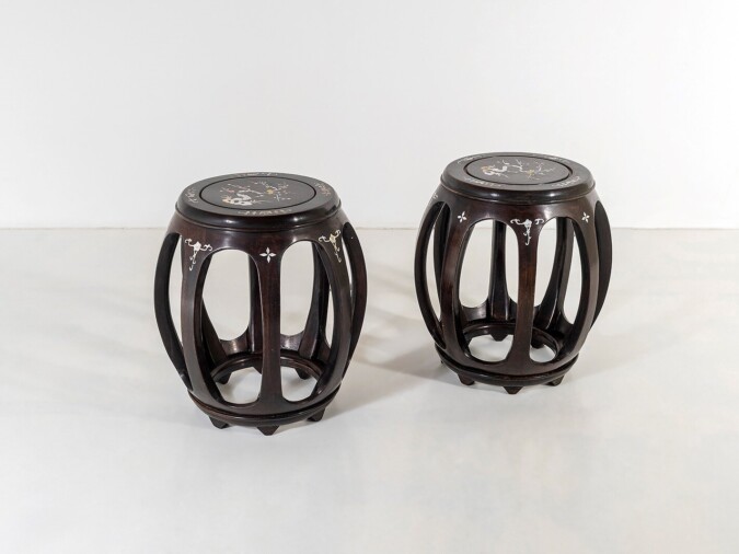 A Pair of Chinese Rosewood Circular Drum Side Tables with Mother of Pearl Inlay