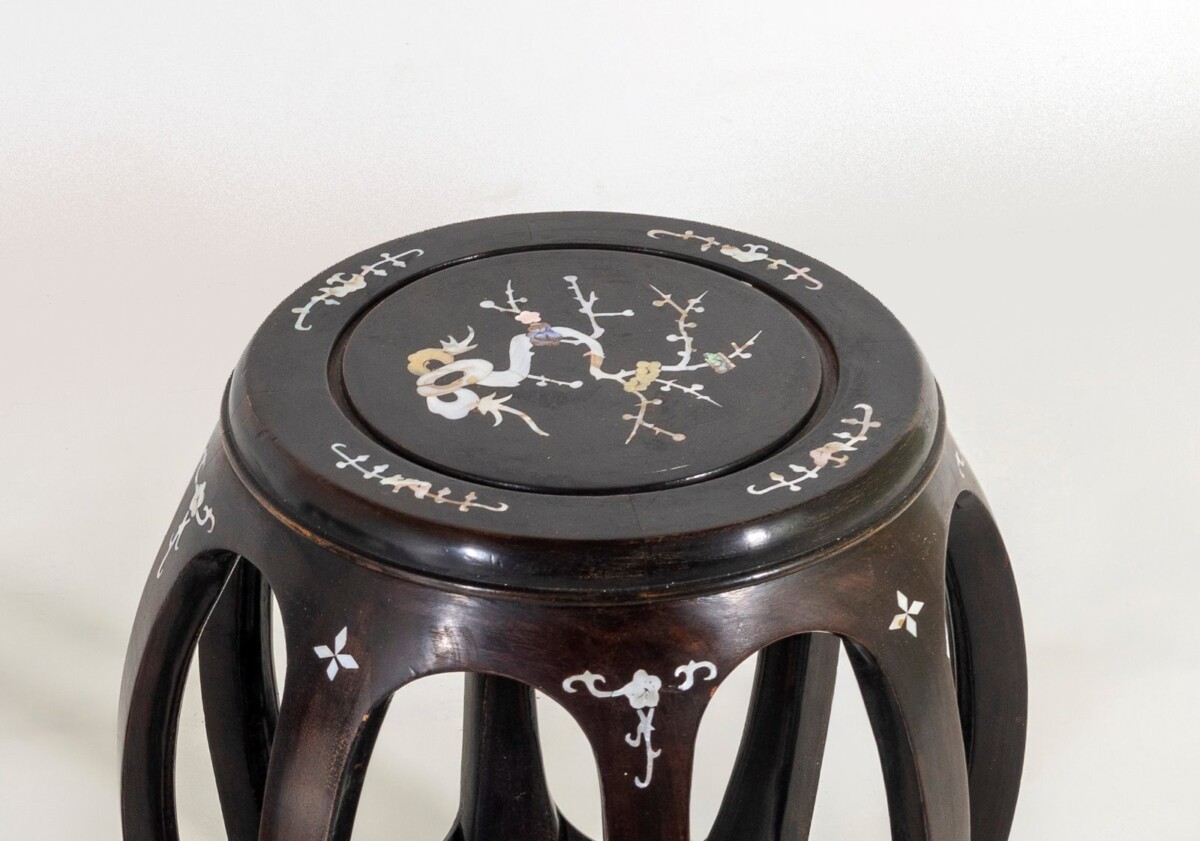 A Pair of Chinese Rosewood Circular Drum Side Tables with Mother of Pearl Inlay - Image 2