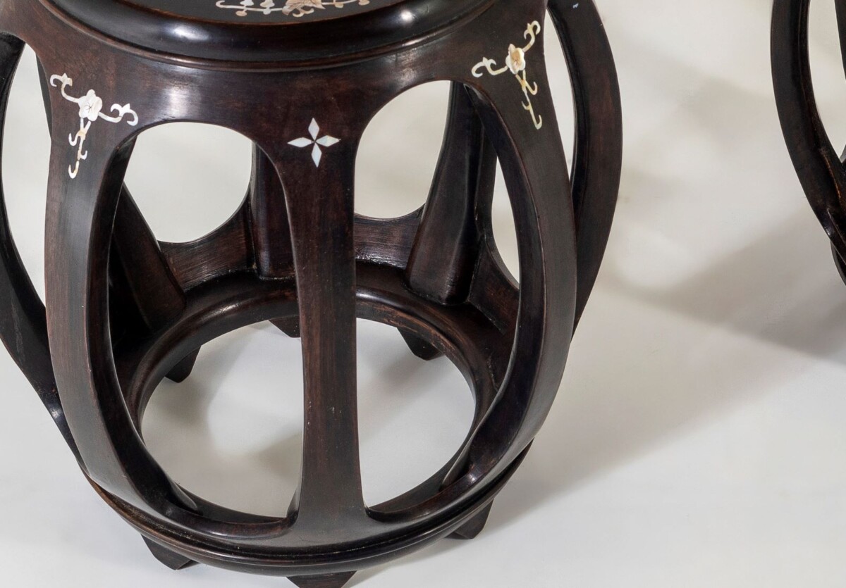 A Pair of Chinese Rosewood Circular Drum Side Tables with Mother of Pearl Inlay - Image 7