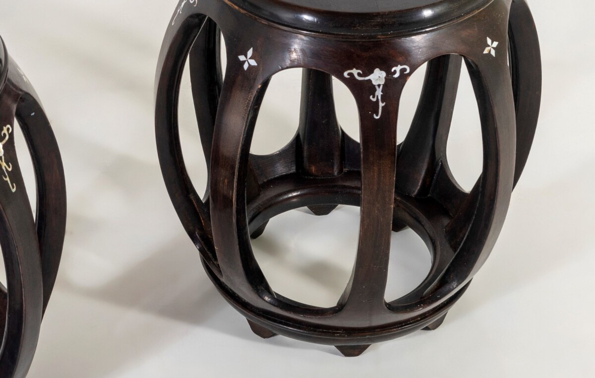 A Pair of Chinese Rosewood Circular Drum Side Tables with Mother of Pearl Inlay - Image 6