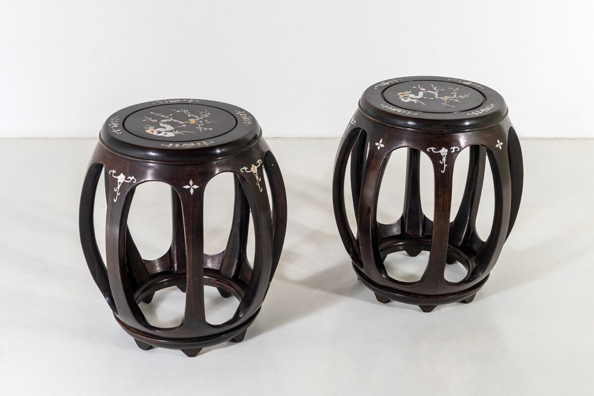 A Pair of Chinese Rosewood Circular Drum Side Tables with Mother of Pearl Inlay - Image 4