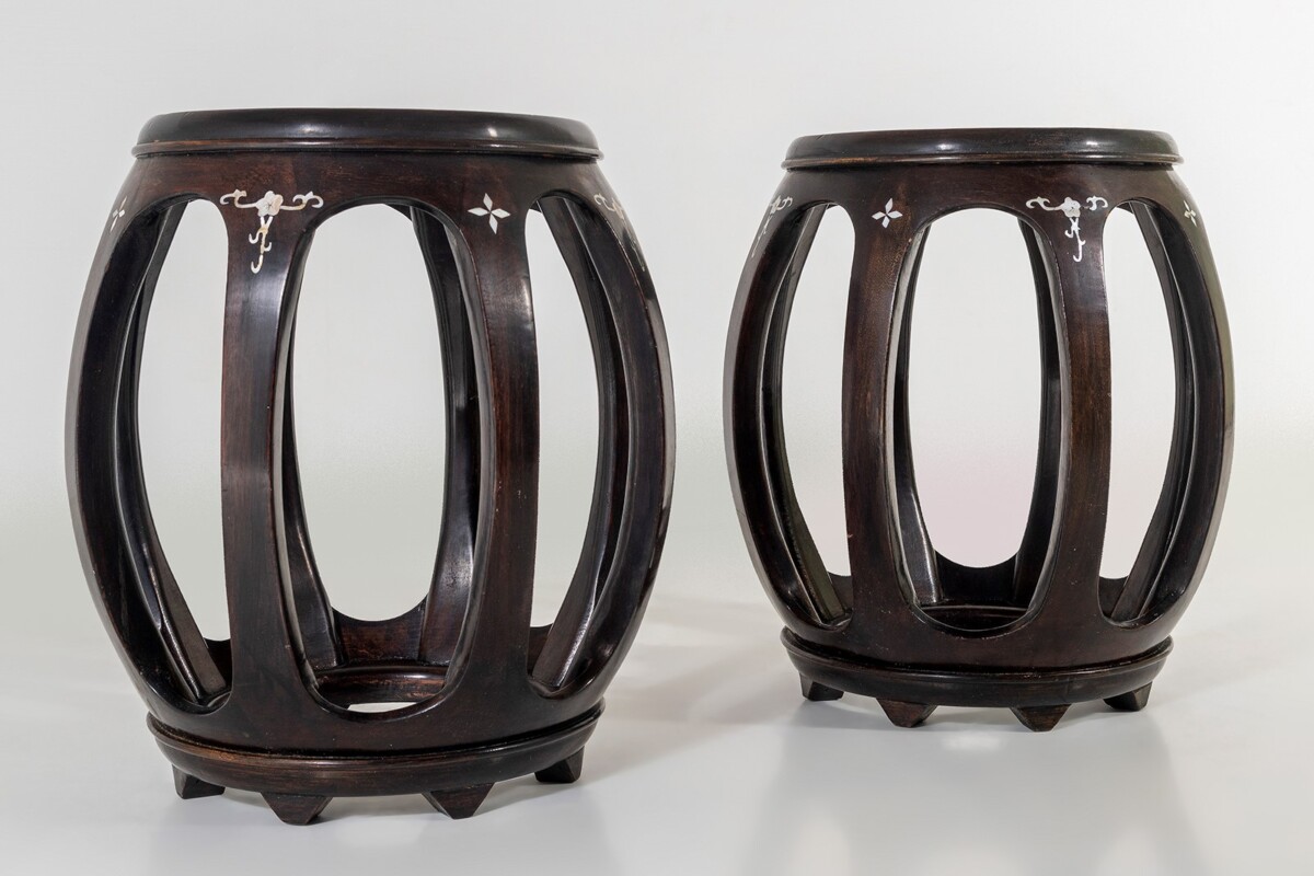A Pair of Chinese Rosewood Circular Drum Side Tables with Mother of Pearl Inlay - Image 3