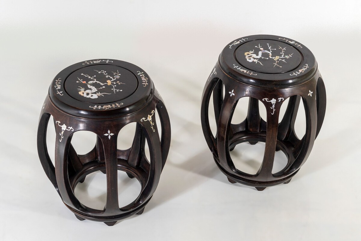 A Pair of Chinese Rosewood Circular Drum Side Tables with Mother of Pearl Inlay - Image 5