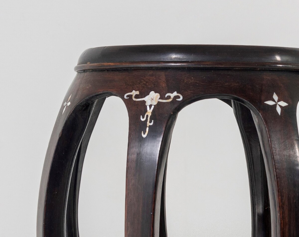 A Pair of Chinese Rosewood Circular Drum Side Tables with Mother of Pearl Inlay - Image 12