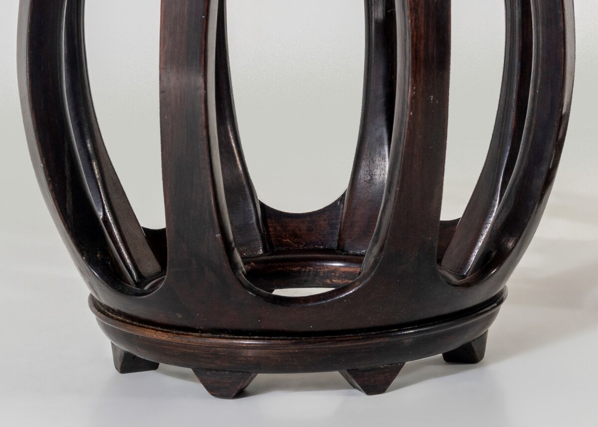 A Pair of Chinese Rosewood Circular Drum Side Tables with Mother of Pearl Inlay - Image 11
