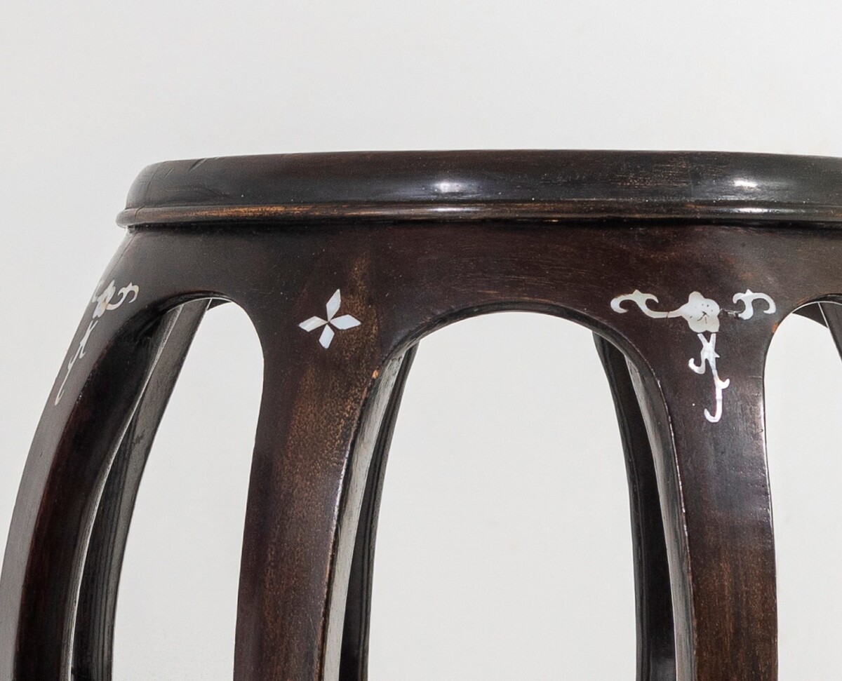 A Pair of Chinese Rosewood Circular Drum Side Tables with Mother of Pearl Inlay - Image 9