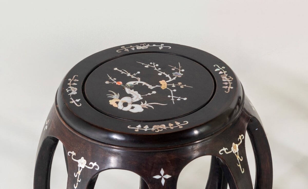 A Pair of Chinese Rosewood Circular Drum Side Tables with Mother of Pearl Inlay - Image 8