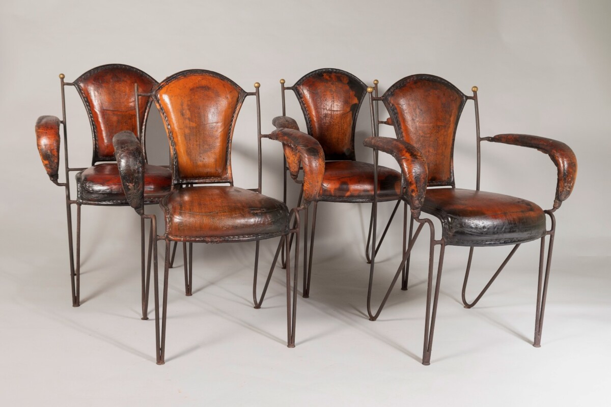 French 1950s Jacques Adnet Stitched Leather Iron Dining Chairs - Set of 4