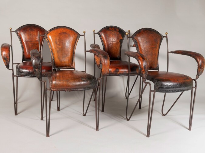 French 1950s Jacques Adnet Stitched Leather Iron Dining Chairs - Set of 4