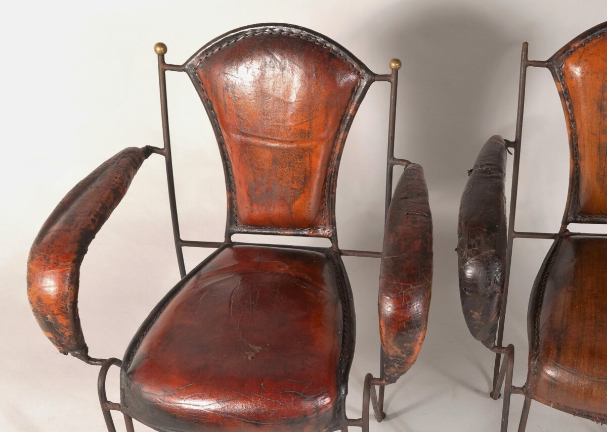 French 1950s Jacques Adnet Stitched Leather Iron Dining Chairs - Set of 4 - Image 8