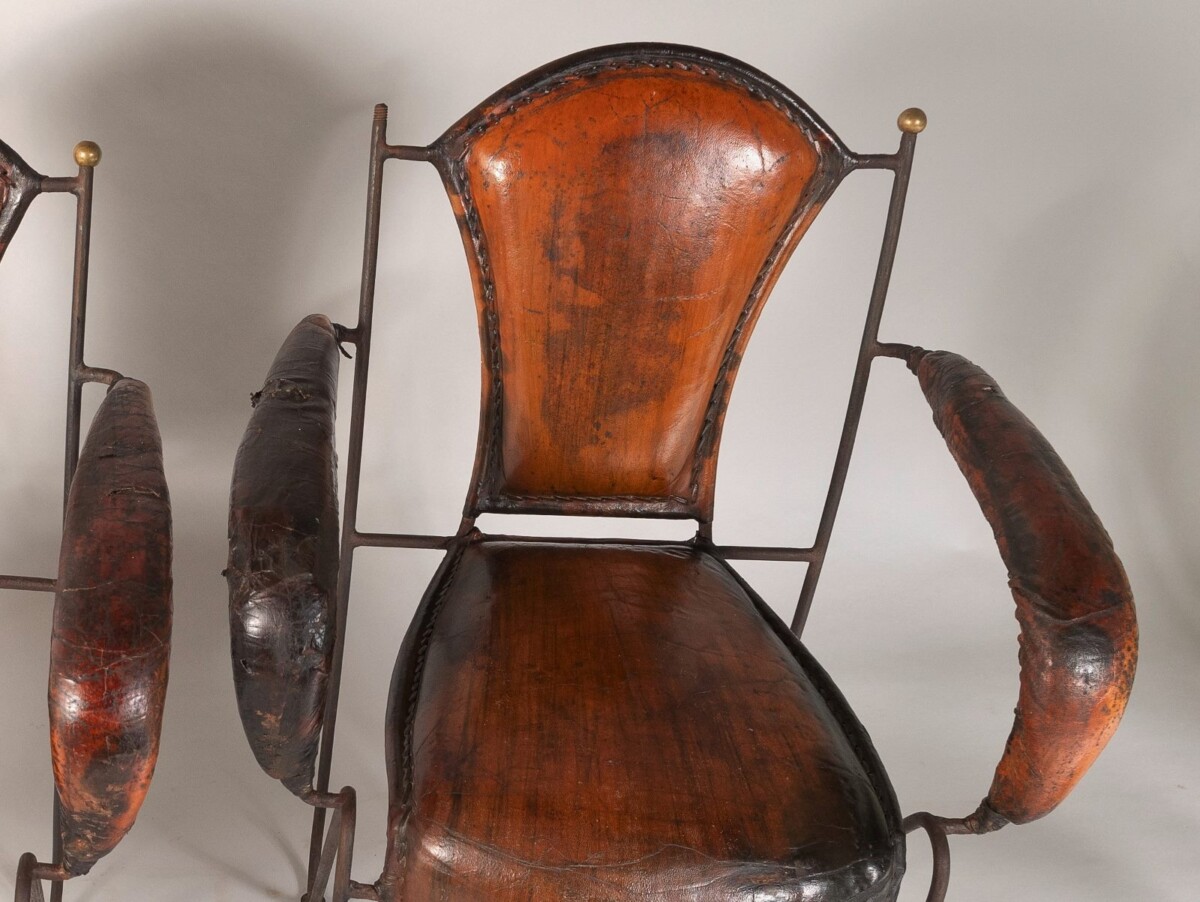 French 1950s Jacques Adnet Stitched Leather Iron Dining Chairs - Set of 4 - Image 7