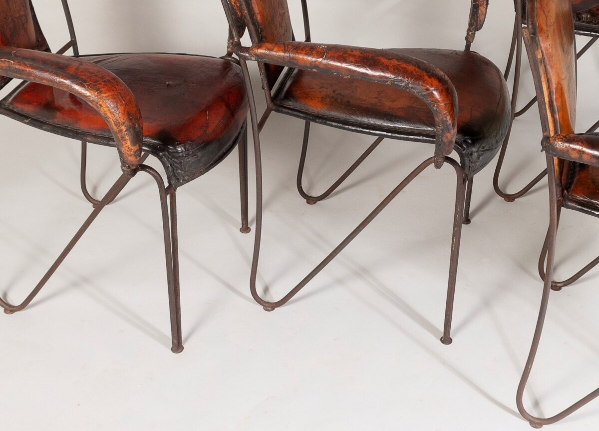 French 1950s Jacques Adnet Stitched Leather Iron Dining Chairs - Set of 4 - Image 5
