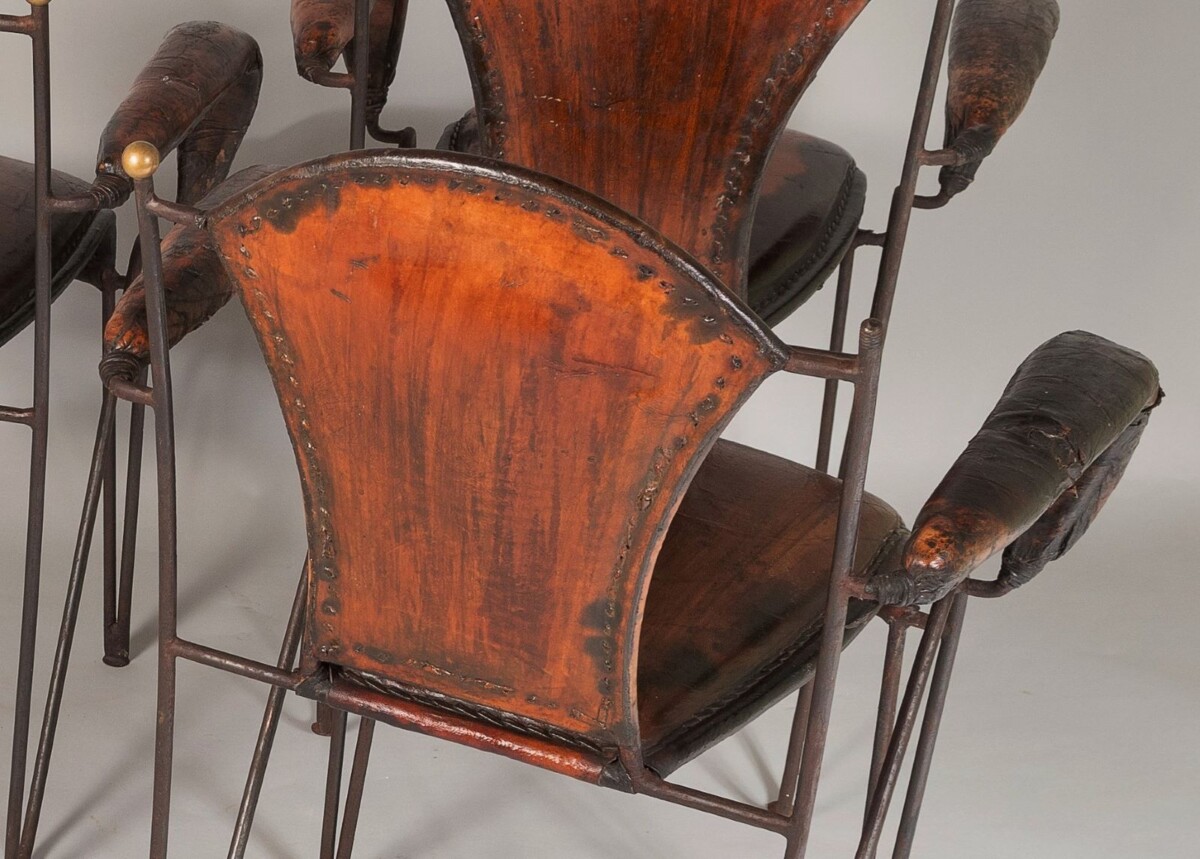 French 1950s Jacques Adnet Stitched Leather Iron Dining Chairs - Set of 4 - Image 4