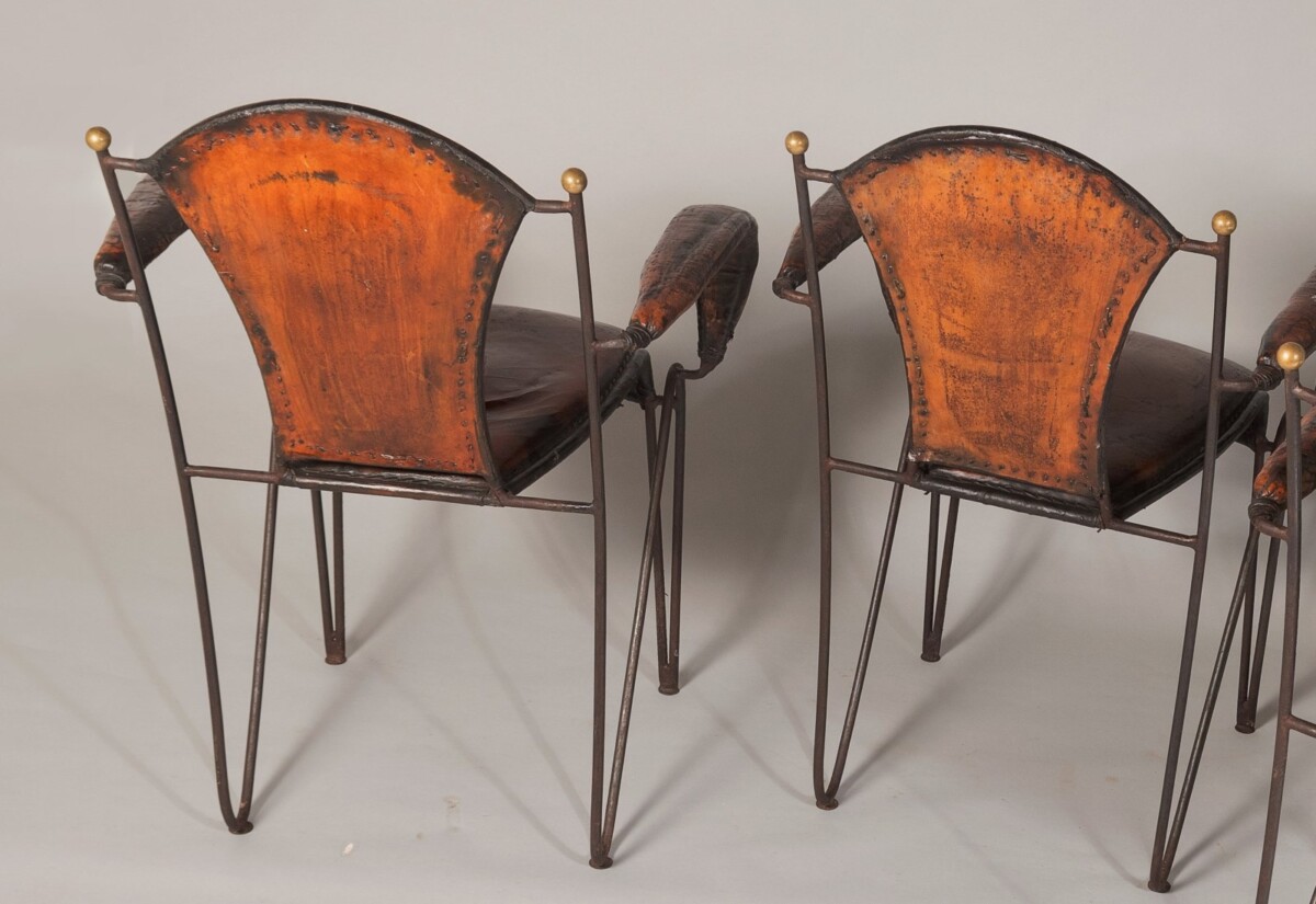 French 1950s Jacques Adnet Stitched Leather Iron Dining Chairs - Set of 4 - Image 3