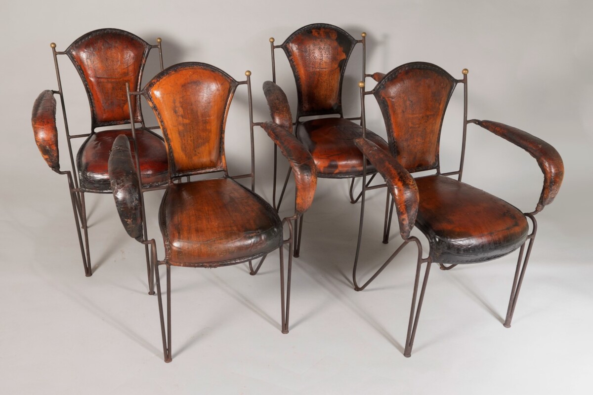 French 1950s Jacques Adnet Stitched Leather Iron Dining Chairs - Set of 4 - Image 2