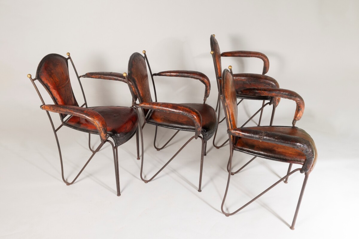 French 1950s Jacques Adnet Stitched Leather Iron Dining Chairs - Set of 4 - Image 16