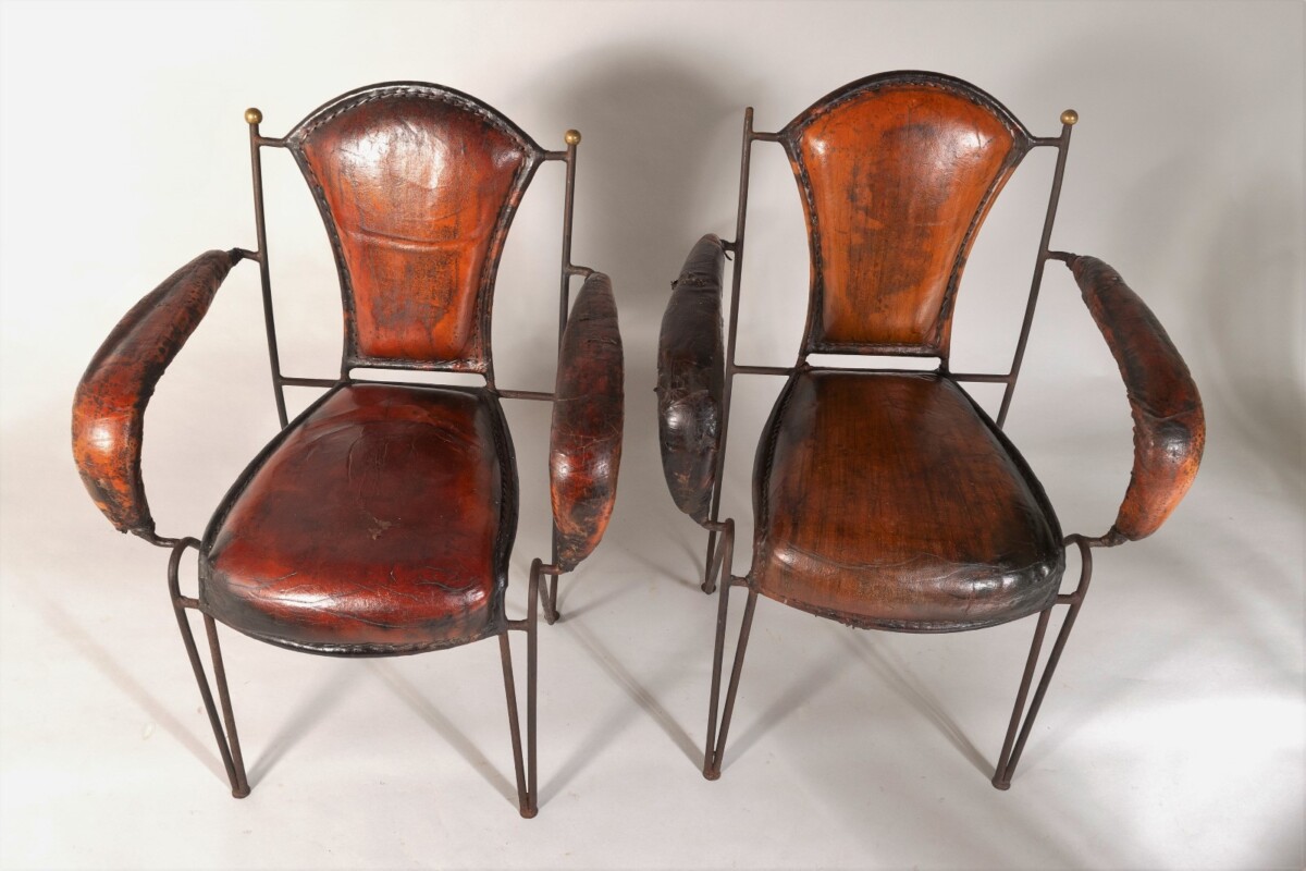 French 1950s Jacques Adnet Stitched Leather Iron Dining Chairs - Set of 4 - Image 15