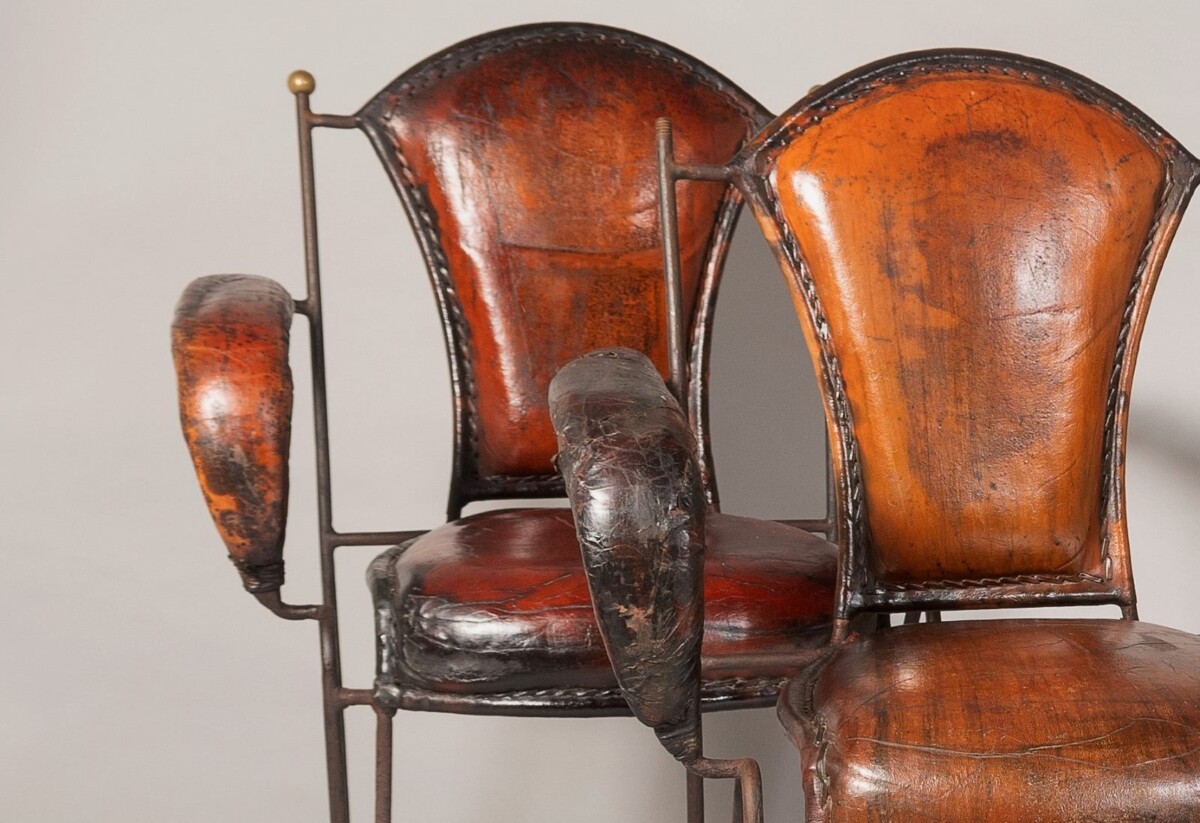 French 1950s Jacques Adnet Stitched Leather Iron Dining Chairs - Set of 4 - Image 14
