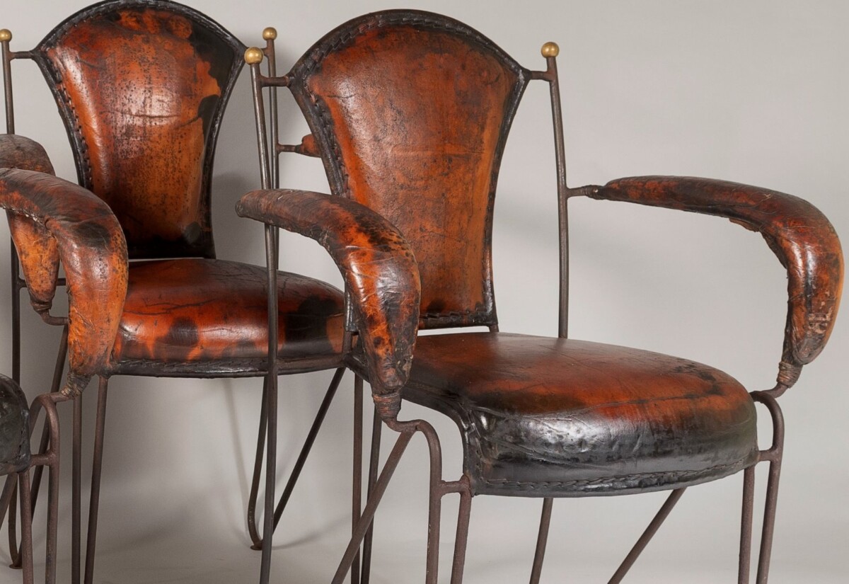 French 1950s Jacques Adnet Stitched Leather Iron Dining Chairs - Set of 4 - Image 13