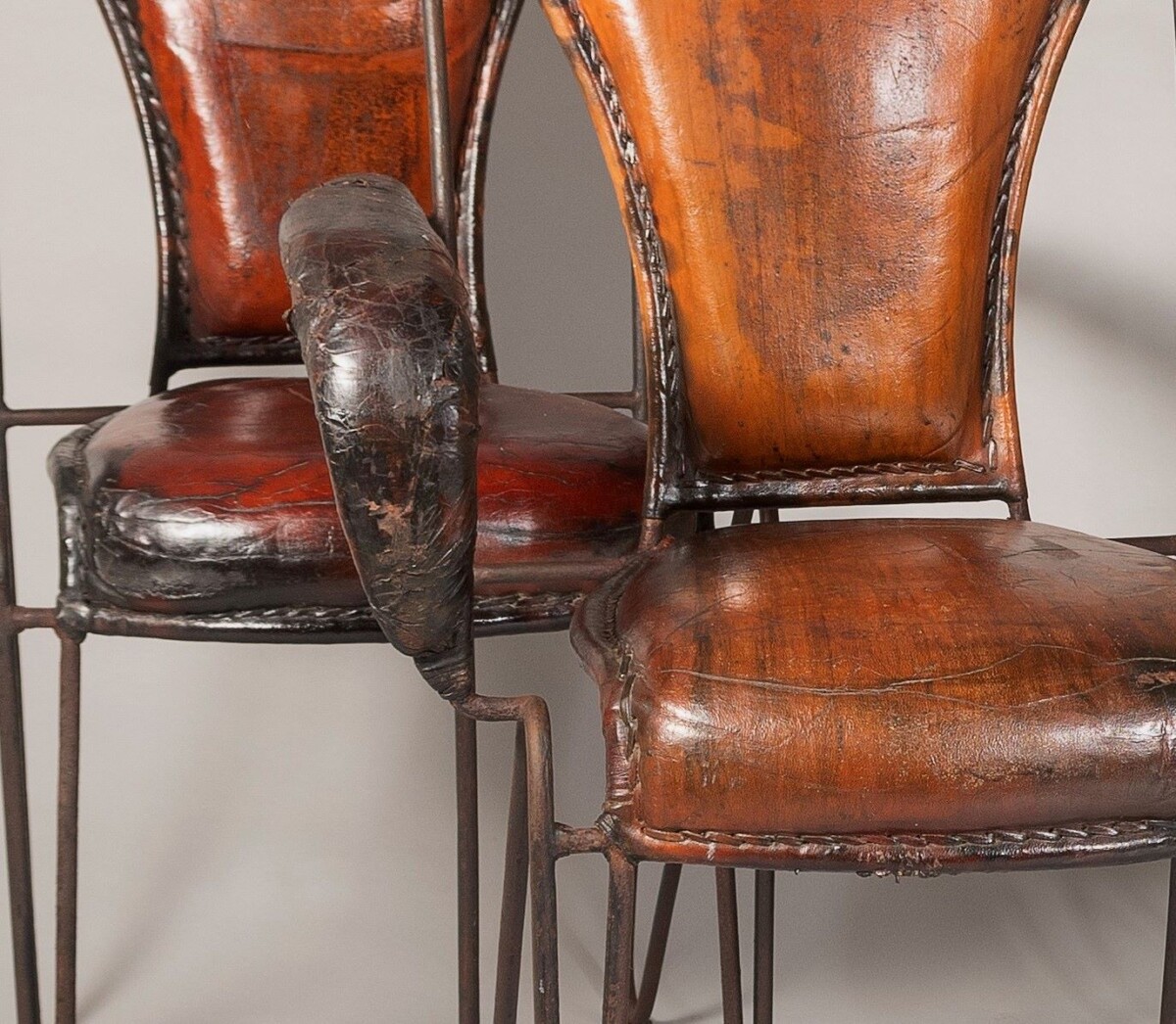 French 1950s Jacques Adnet Stitched Leather Iron Dining Chairs - Set of 4 - Image 12