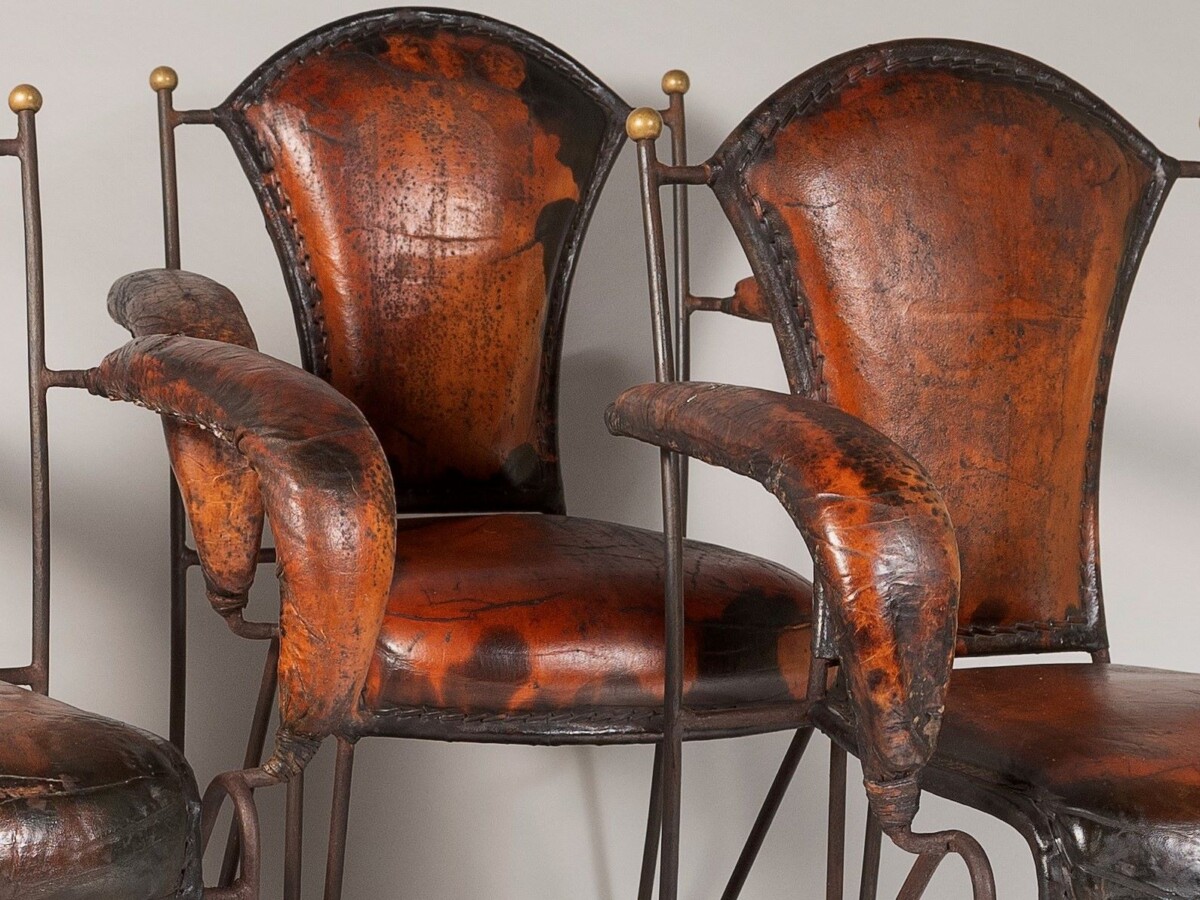 French 1950s Jacques Adnet Stitched Leather Iron Dining Chairs - Set of 4 - Image 11