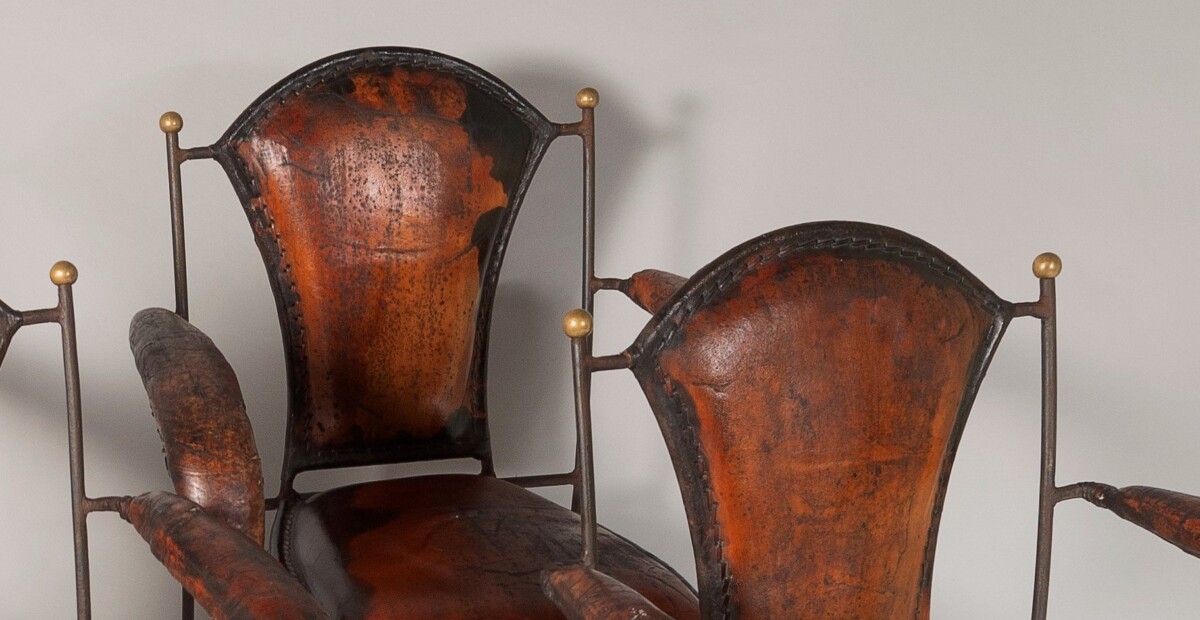 French 1950s Jacques Adnet Stitched Leather Iron Dining Chairs - Set of 4 - Image 10