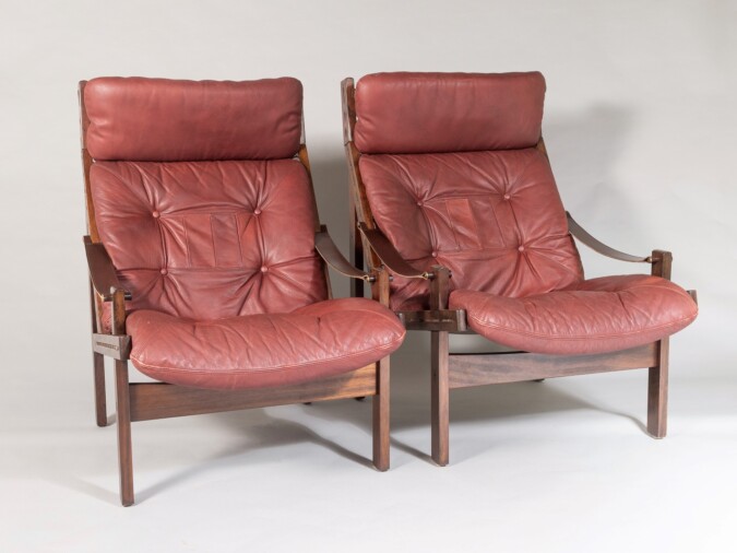 Pair of mid-Century Torbjørn Afdal Hunter-Safari High-Back Leather Lounge Chairs