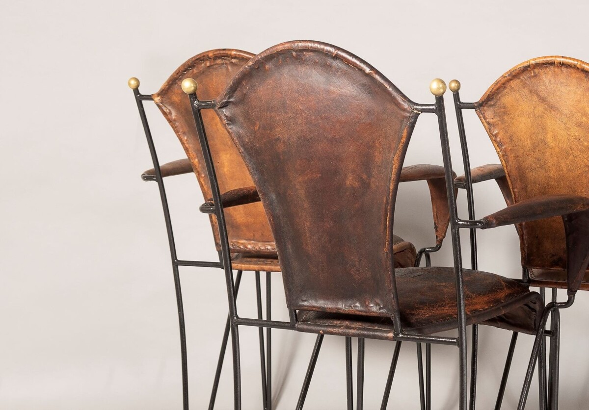 Set of 4 1950s French Jacques Adnet Iron Frame With Stitched Leather Armchairs - Image 13
