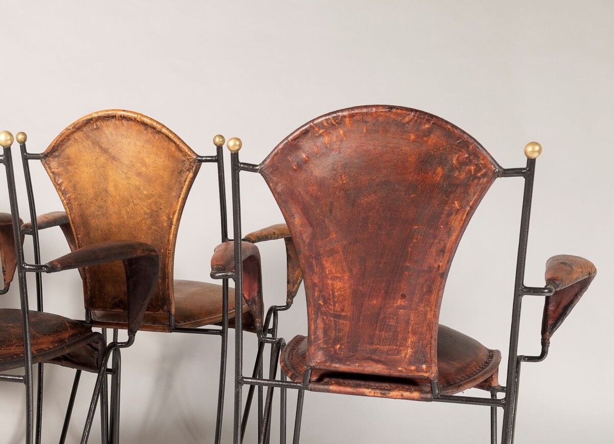 Set of 4 1950s French Jacques Adnet Iron Frame With Stitched Leather Armchairs - Image 12