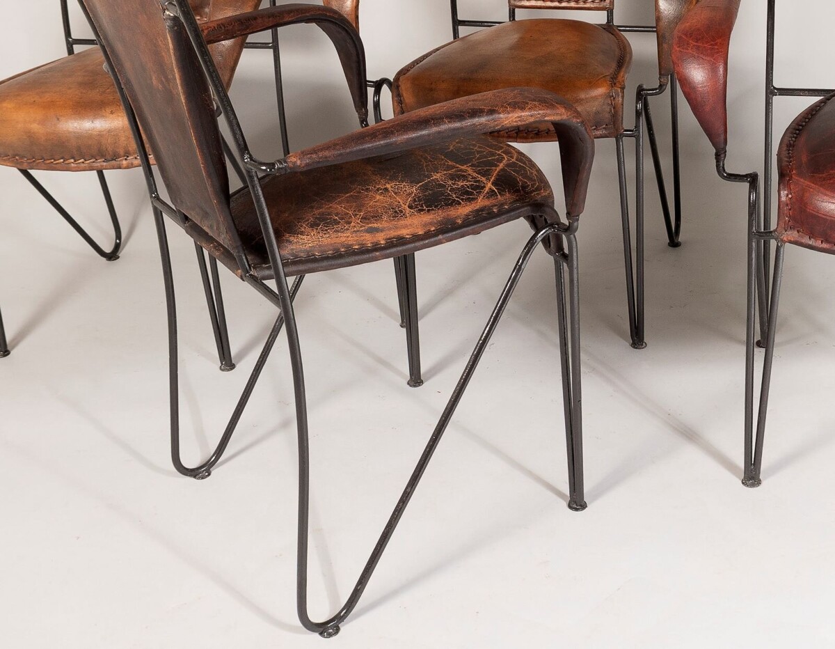 Set of 4 1950s French Jacques Adnet Iron Frame With Stitched Leather Armchairs - Image 11