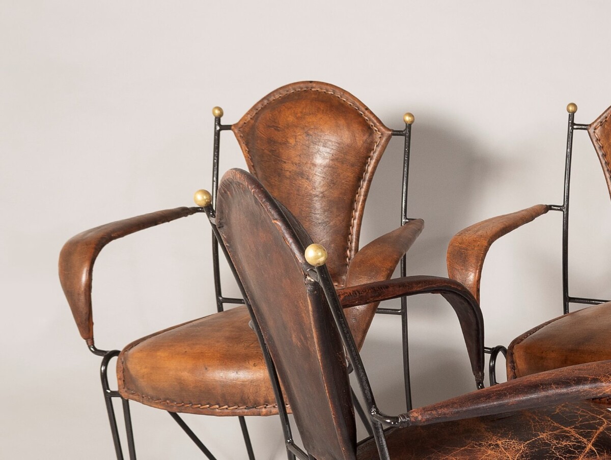 Set of 4 1950s French Jacques Adnet Iron Frame With Stitched Leather Armchairs - Image 9