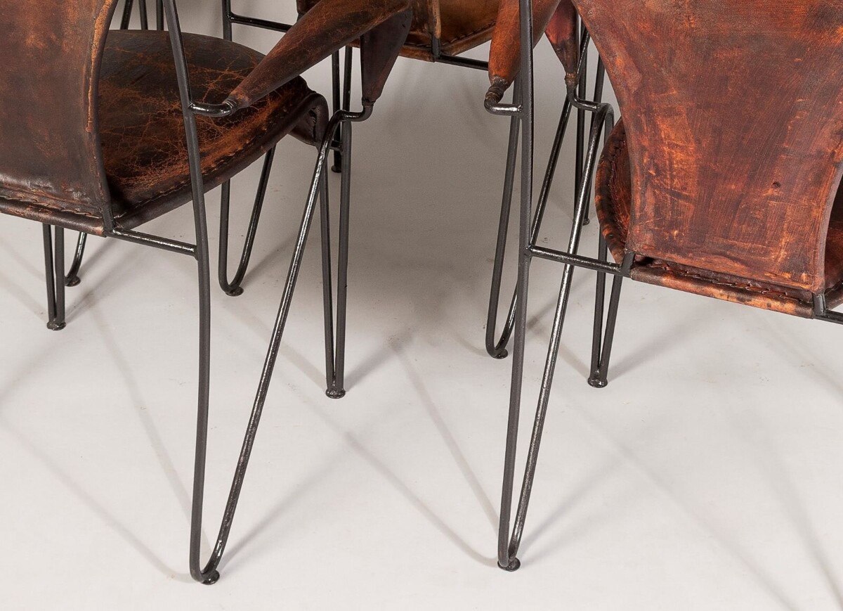Set of 4 1950s French Jacques Adnet Iron Frame With Stitched Leather Armchairs - Image 8