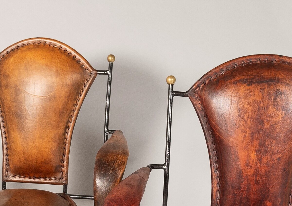 Set of 4 1950s French Jacques Adnet Iron Frame With Stitched Leather Armchairs - Image 5