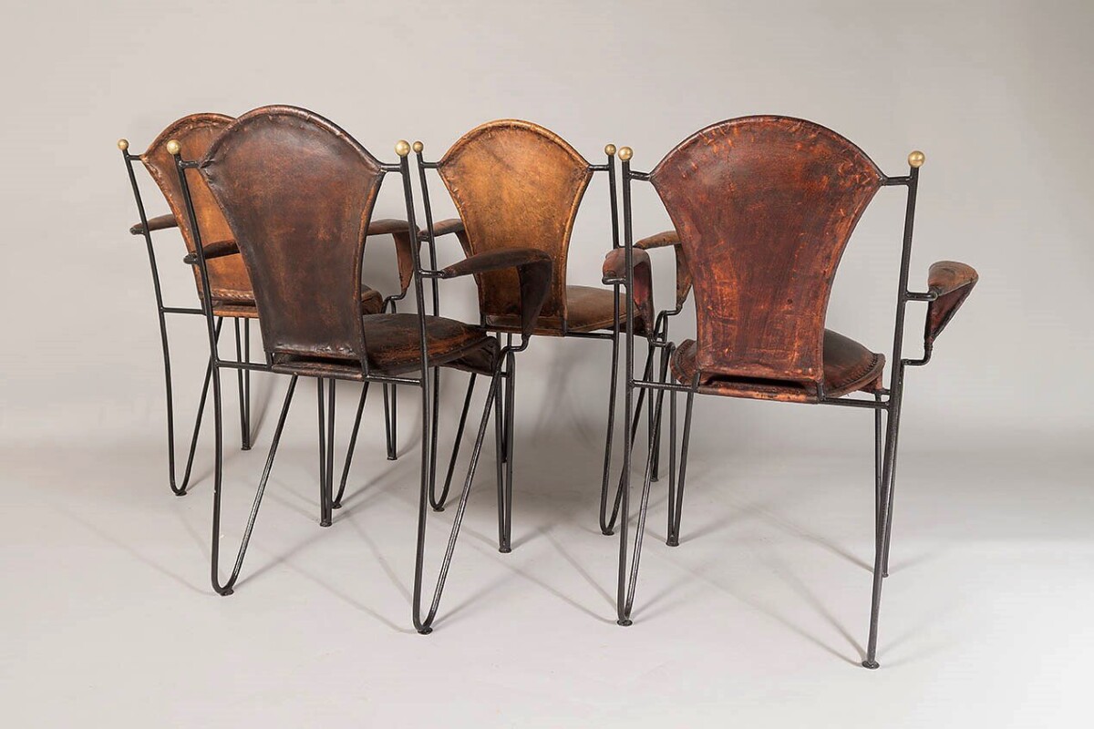 Set of 4 1950s French Jacques Adnet Iron Frame With Stitched Leather Armchairs - Image 14