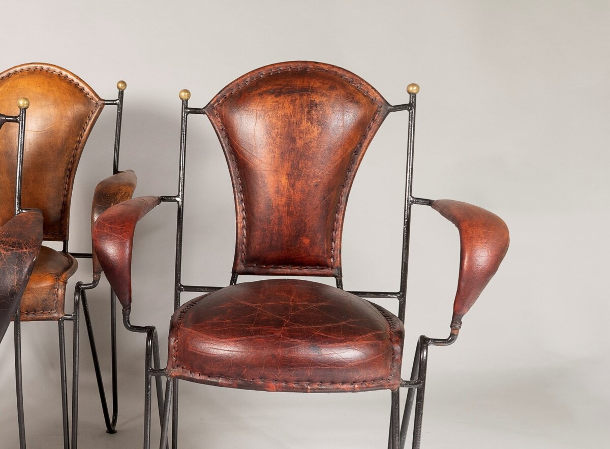 Set of 4 1950s French Jacques Adnet Iron Frame With Stitched Leather Armchairs - Image 6