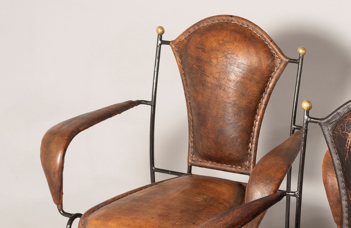 Set of 4 1950s French Jacques Adnet Iron Frame With Stitched Leather Armchairs - Image 4