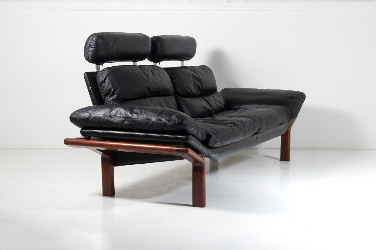 1960-70s Mid-Century Modern Danish Black Leather and Teak Sofa by Komfort