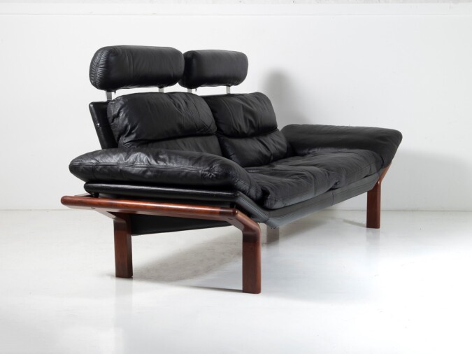 1960-70s Mid-Century Modern Danish Black Leather and Teak Sofa by Komfort