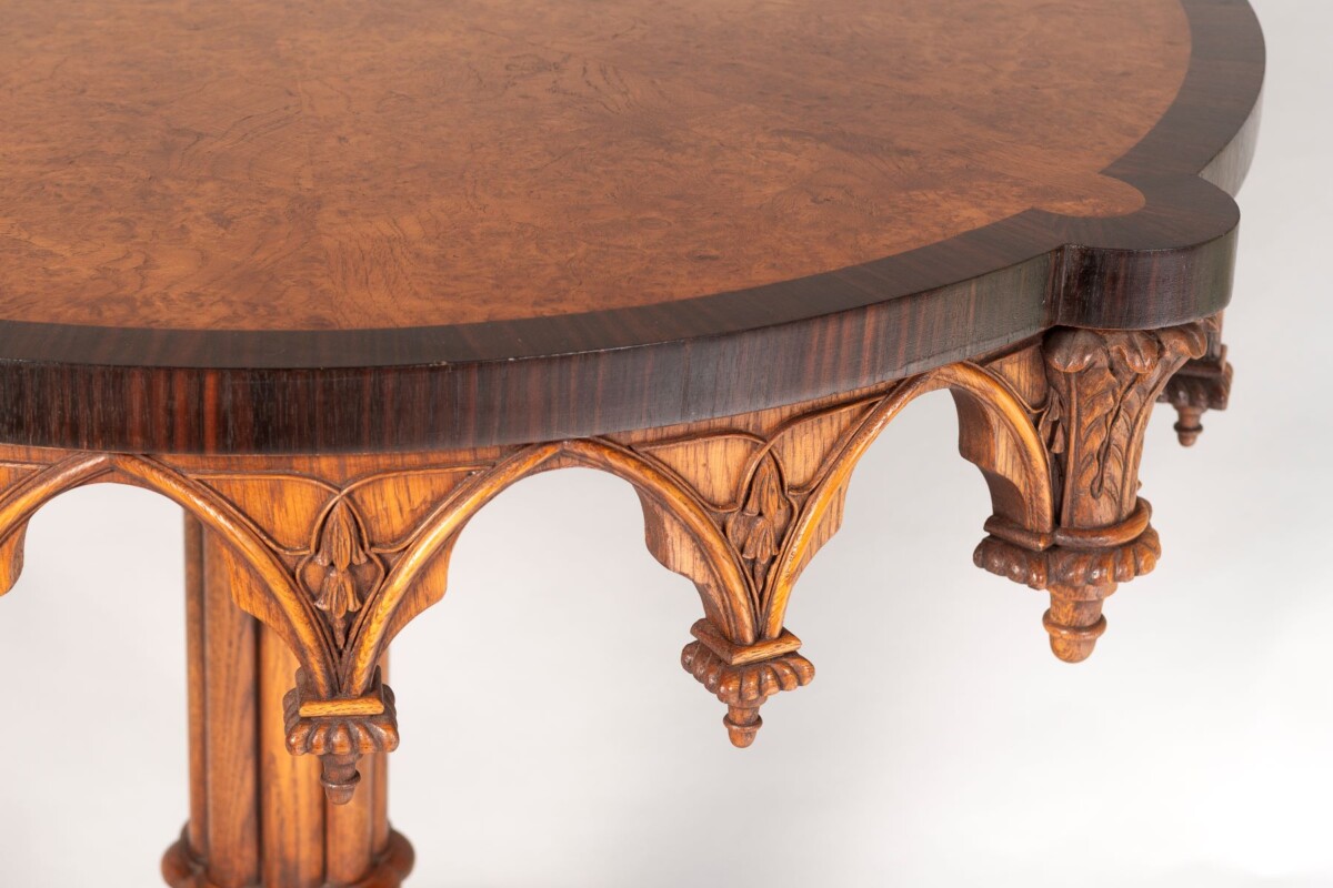 An Exceptional Arthur Brett Gothic Revival Burr Oak Inlay Centre Table - Image 11