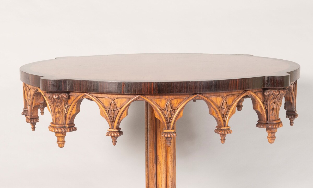 An Exceptional Arthur Brett Gothic Revival Burr Oak Inlay Centre Table - Image 10