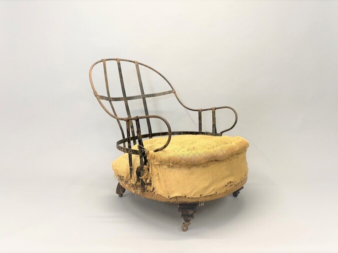 Deconstructed Antique Iron Frame Armchair with Tall Curved Back