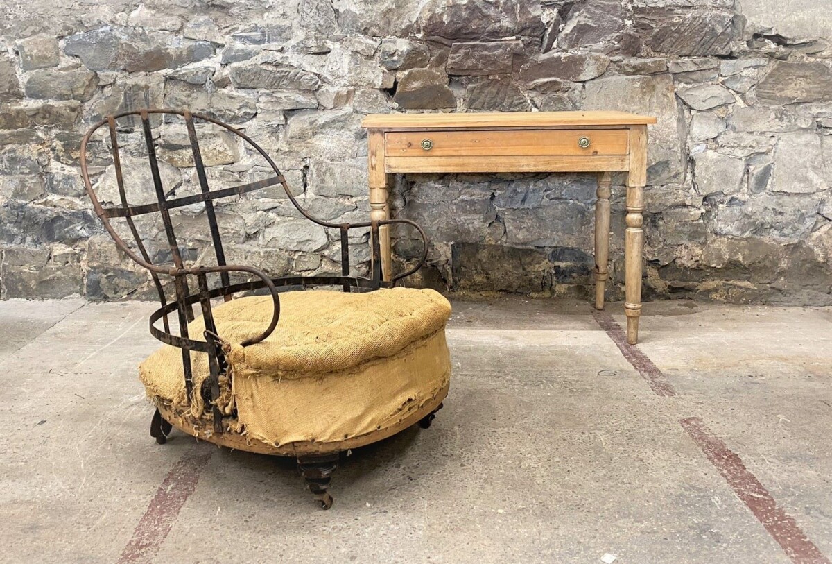 Deconstructed Antique Iron Frame Armchair with Tall Curved Back - Image 11