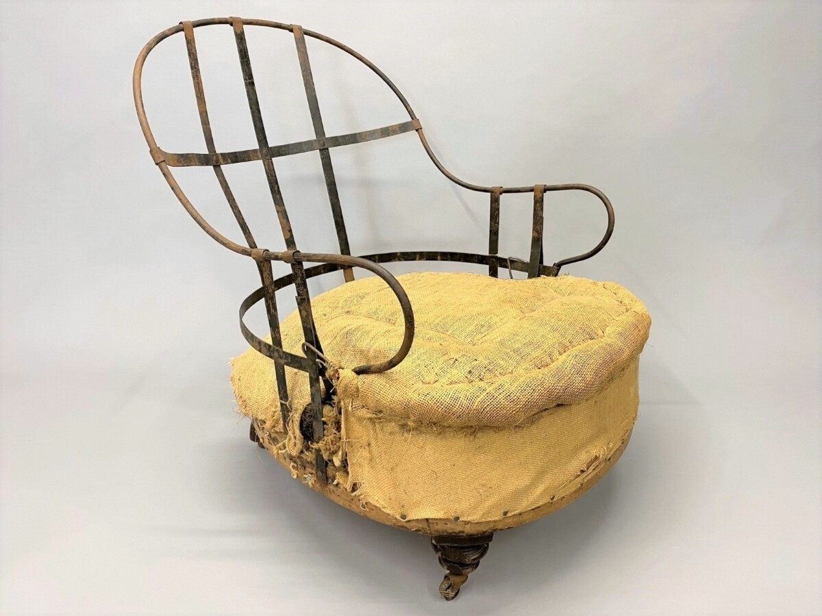 Deconstructed Antique Iron Frame Armchair with Tall Curved Back - Image 3