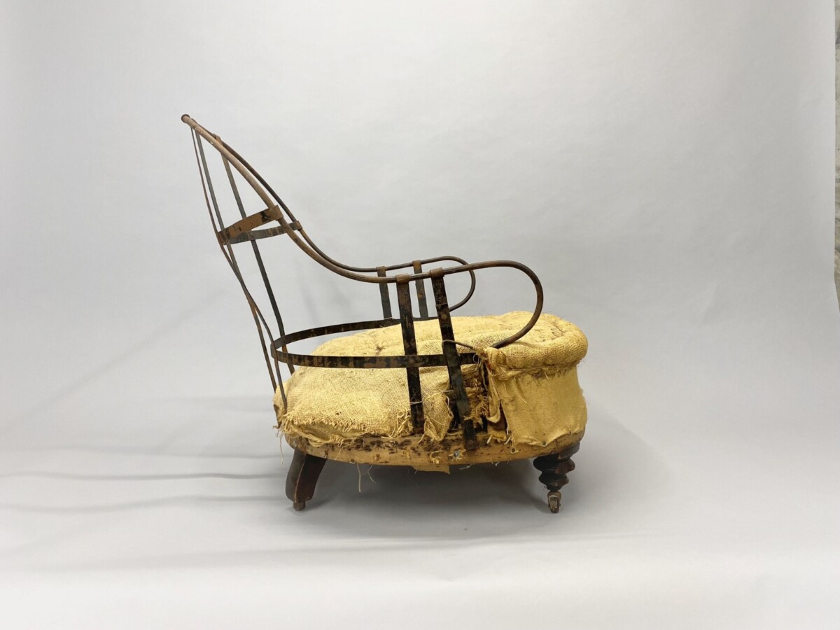 Deconstructed Antique Iron Frame Armchair with Tall Curved Back - Image 2