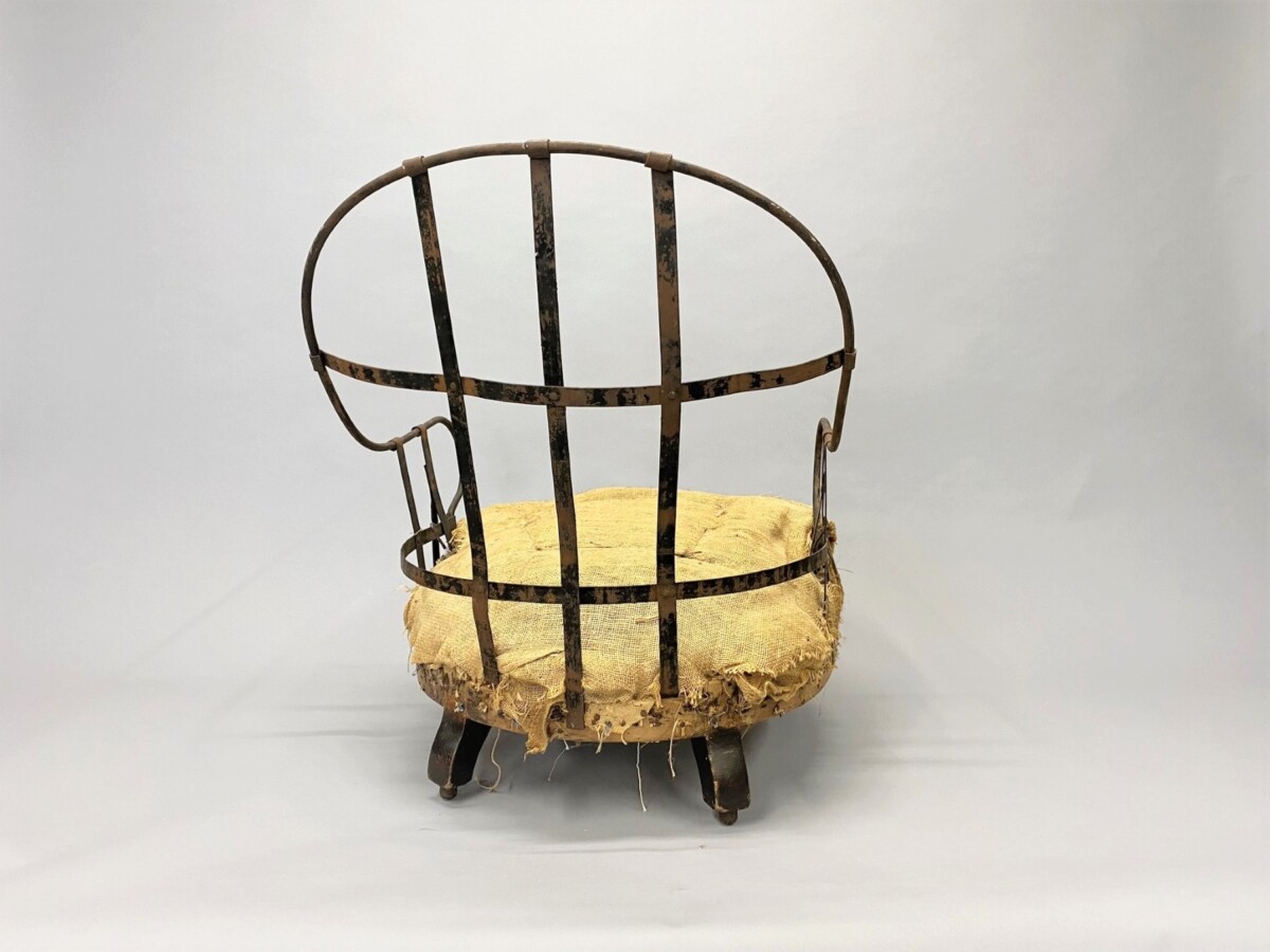 Deconstructed Antique Iron Frame Armchair with Tall Curved Back - Image 4